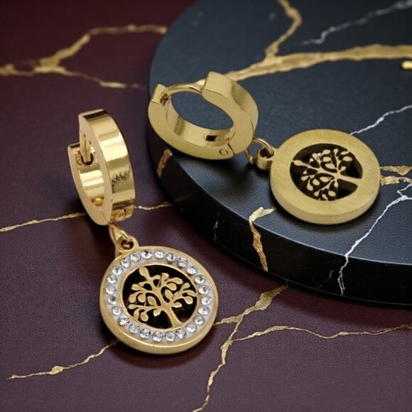 🆕 Tree Of Life 18K Gold Plated Stainless Steel Huggie Dainty Earrings Zirconia - Picture 6 of 12